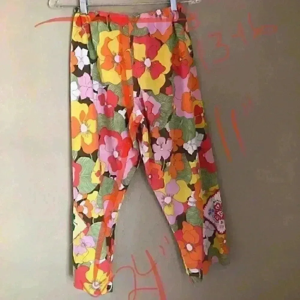 Upcycled handmade lounge pants Aloha flowers orange hippie inspired - Picture 4 of 4